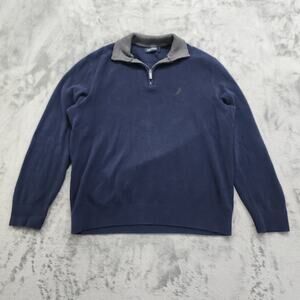 Nautica Sweater Mens L Blue Gray Quarter-Zip Pullover Elbow Patches Preppy
